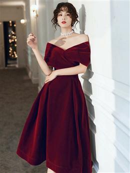 Picture of Wine Red Color Velvet Tea Length Homecoming Dresses, Dark Red Color Party Dress